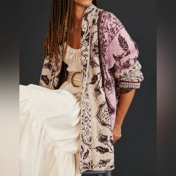 Anthropologie Jacquard Cocoon Cardigan Sweater Pink Cream Floral Bohemian Indie - Picture 5 of 10